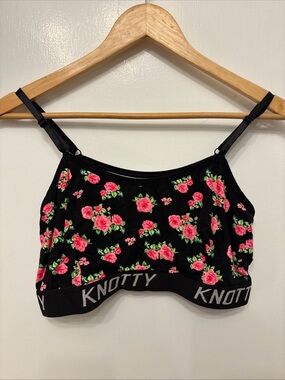 Knotty Black Bralette with Pink Rose Print